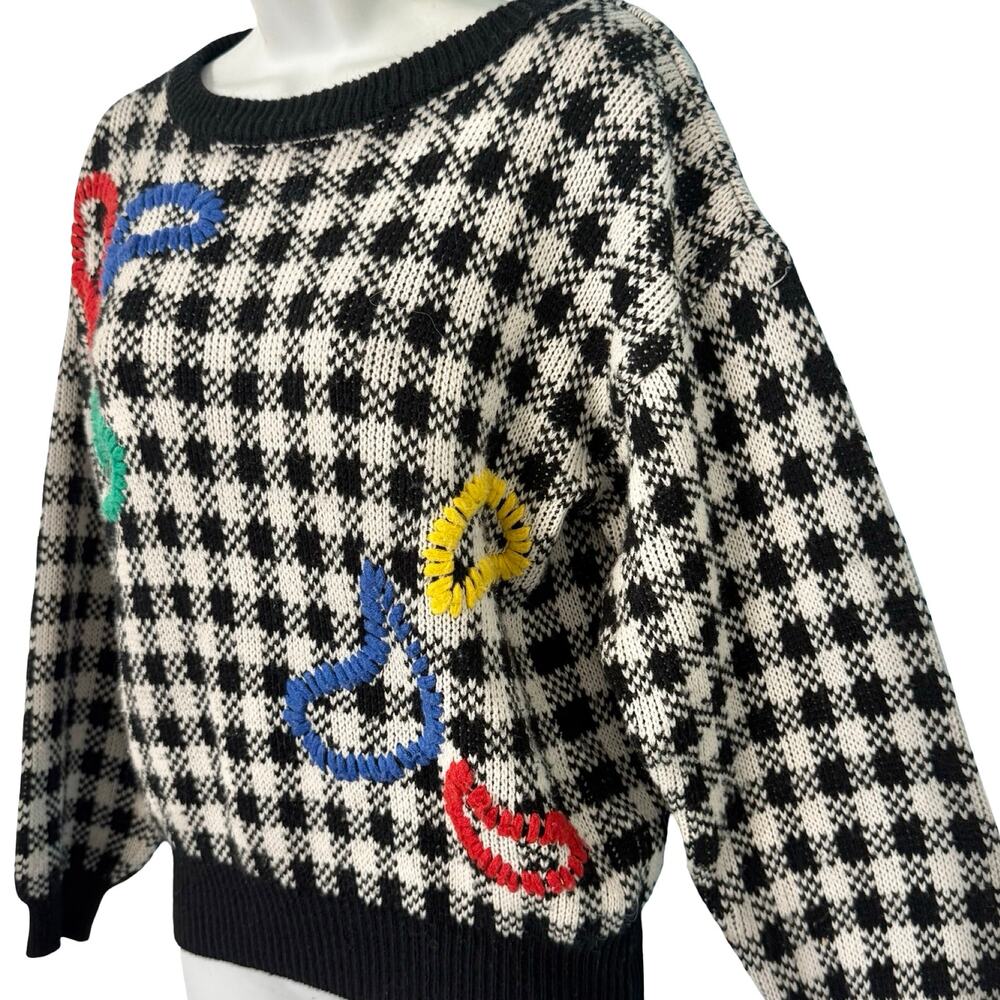 Vintage Black White Check Wide Stitch Rainbow Detail Crew Neck Sweater size S - Picture 11 of 11